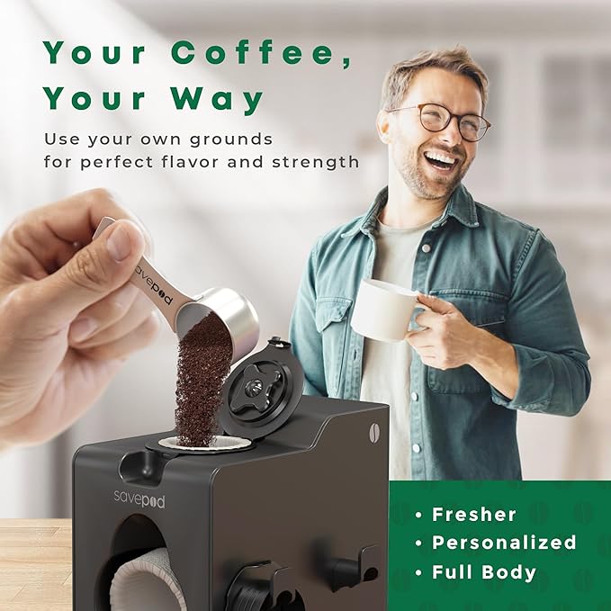 Savepod Coffee Pod Maker Bundle – Reusable Pod Maker Kit Includes Universal Ring, Stainless Steel Scoop, 50 Compostable Filters & Manual PodMaker for Keurig Coffee Maker, Daily Coffee Refill, Black