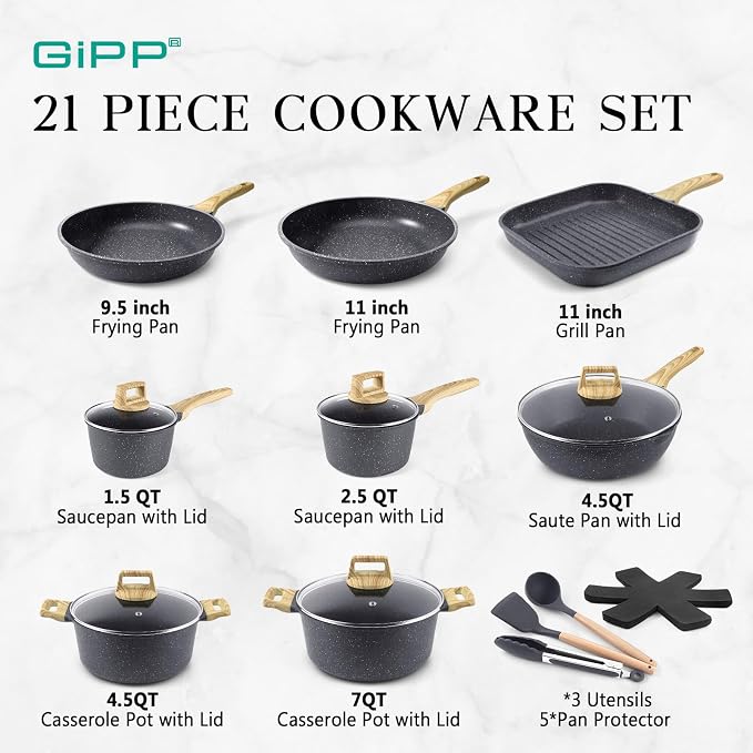 GiPP 21Psc Pots and Pans Set Non Stick - Grey Ceramic Kitchen Cookware Sets Nonstick Induction Cookware Non-toxic Cooking Pan Set with Silicone Utensils, PFOS and PFOA Free