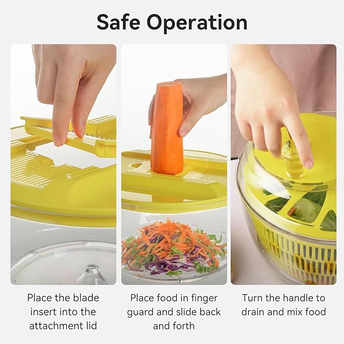 2-in-1 Salad Spinner & Mandoline Slicer Lettuce Spinner Vegetable Washer Dryer with 5 Interchangeable Blades, 5L Large Capacity, Easy to Clean, Food-Grade Kitchen Tool for Vegetables & Fruits