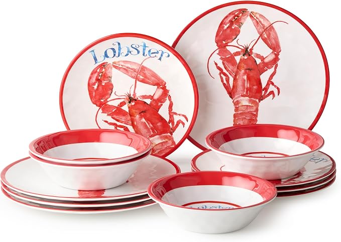 Beach House Lobster 12-Piece Melamine Dinnerware Set – Bold Coastal Charm, Service for 4, Durable, Lightweight, and Dishwasher-Safe