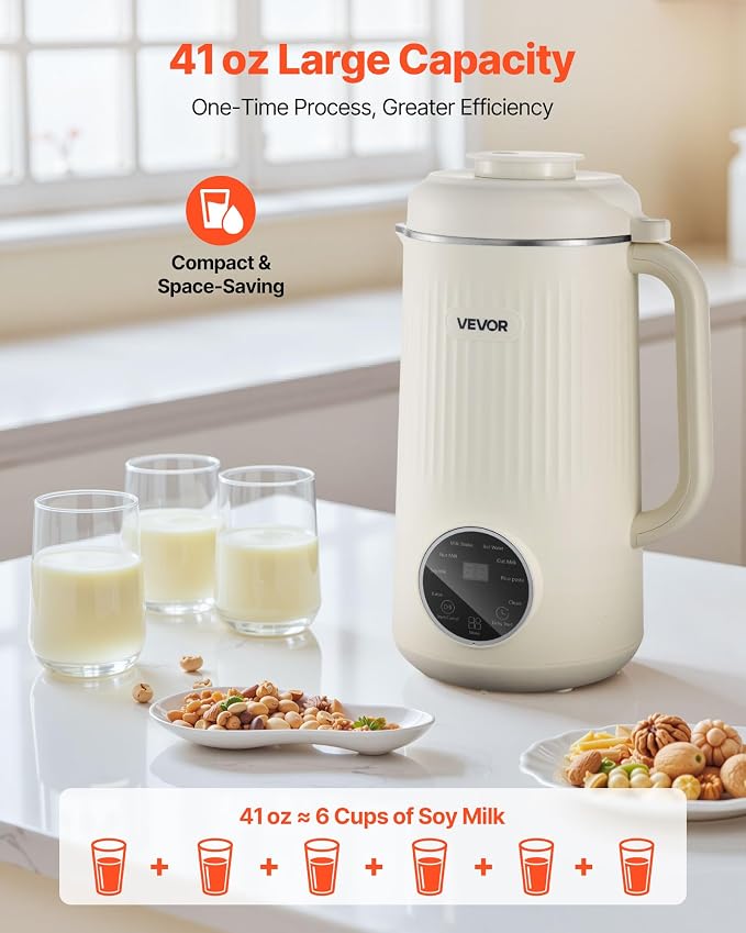 VEVOR 8-in-1 Nut Milk Maker, 41 oz Soy Milk Maker Machine with 10 Blades, for Homemade Oat, Nut, Soy, Juice, Milkshake, Rice Cereal, Plant-Based Beverages with Self-Cleaning, Boil Water, 12-Hour Delay