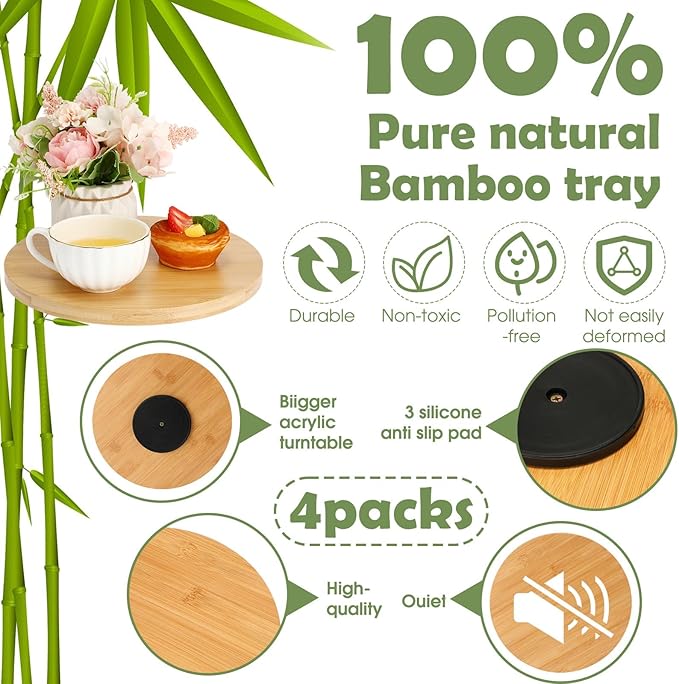 Tanlade 4 Pcs Bamboo Wooden Lazy Susan Organizer Lazy Susan Turntable for Cabinet Non Skid Kitchen Tray Revolving Condiment Spice Rack for Counter Wedding Table Organization Storage Supplies(10 Inch)
