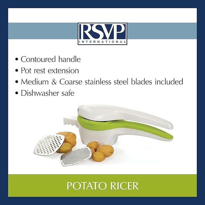 RSVP International (SPUD) Potato Ricer, White/Green | Mash Potatoes, Fruits, Vegetables & More | Includes Medium & Coarse Plates | Pot Resting Extension | Dishwasher Safe