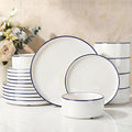 Famiware Porcelain Dinnerware Set, 18-Piece Modern Plate and Bowl Set, dish set for 6, Microwave and Dishwasher Safe Tableware, White with Blue Trim