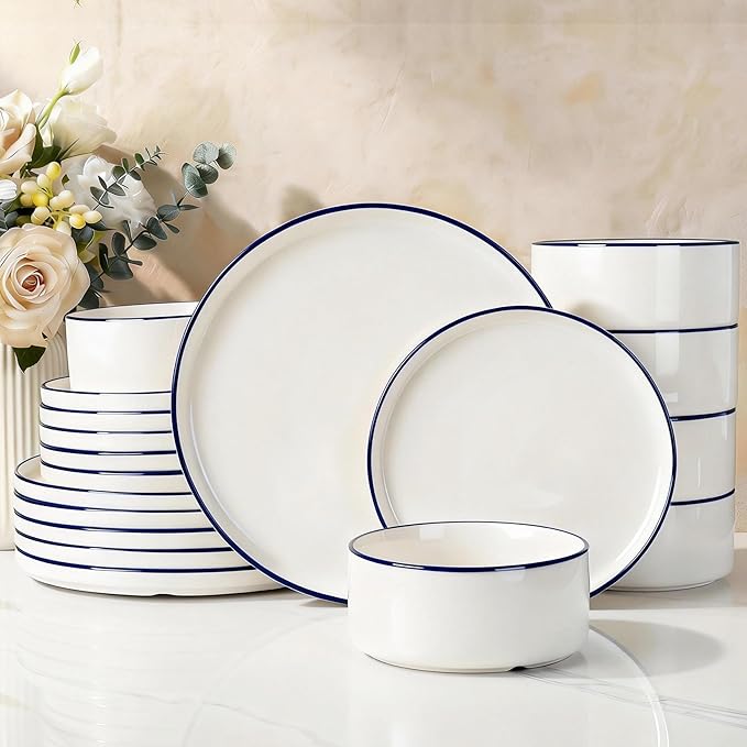 Famiware Porcelain Dinnerware Set, 18-Piece Modern Plate and Bowl Set, dish set for 6, Microwave and Dishwasher Safe Tableware, White with Blue Trim