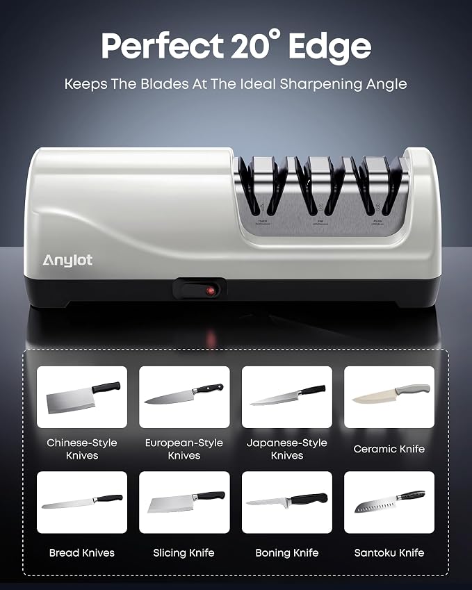 Kitchen Electric Knife Sharpener, 3-Stage Diamond Knife Sharpener Electric with 20° Precision Angle Guide, Fast & Safe Sharpening for Kitchen Knives, Home Use & Beginners (White)