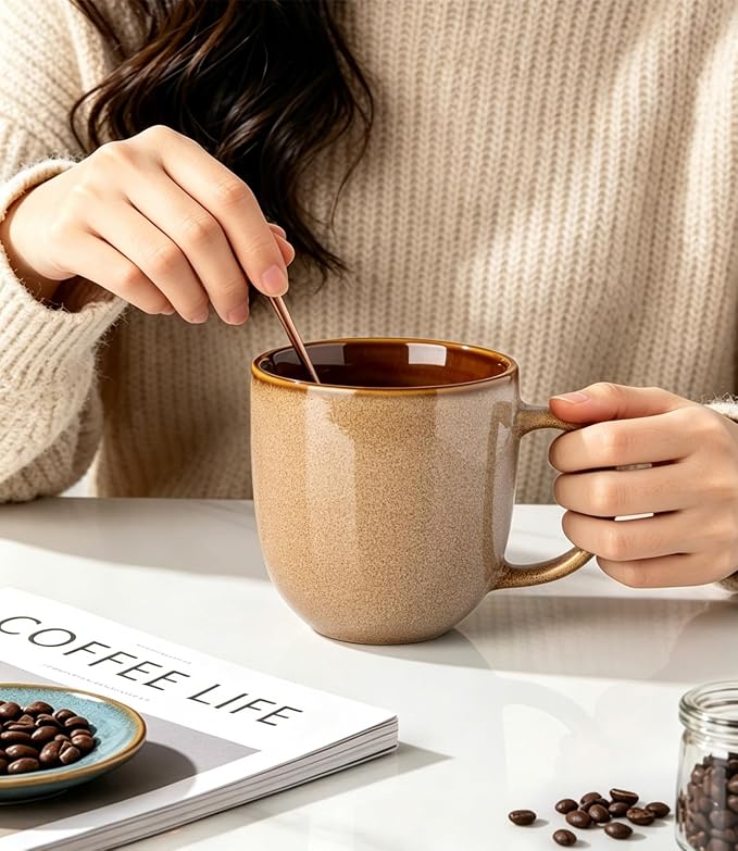 LERATIO Ceramic Coffee Mugs Set of 6,12oz Handmade Coffee Mugs Set with Large Handle for Cappuccino/Latte/Tea/Hot Cocoa, Dishwasher & Microwave Safe-Chestnut