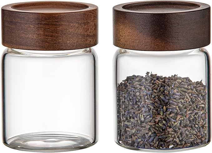 6 pc Glass Spice jars Glass Jars with Screw Lid 5 oz Acacia Wood Glass Herb Sugar Coffee Bean Ground Container Food Storage Canister for Candy Pantry Tea Seasoning Meal Prep Snack (6*150ml(5oz))
