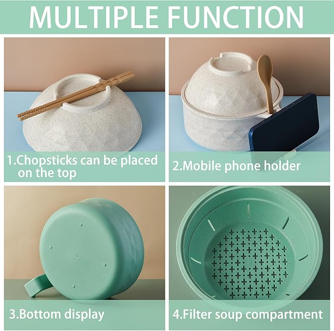 2 Sets Microwave Ramen Bowl 40 oz Wheat Fiber Portable Instant Noodle Cooker Bowl with Handles Strainer Spoon Chopstick Fork College Dorm Room Apartment Essentials(Beige, Light Green)