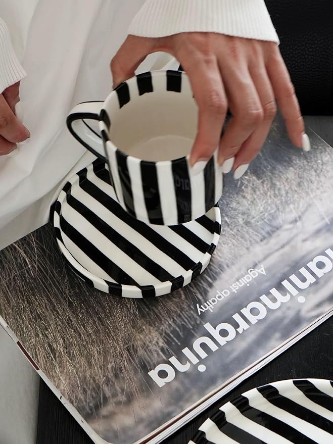 Cup and Saucer Set Hand-Painted Black Stripes, 8 Oz Ceramic Coffee Mug, Espresso Cups, Porcelain Coffee Cup for Cappuccino, Espresso, Coffee, Tea, Cafe Mocha, Latte, Set of Cup Gift for Coffee Lover