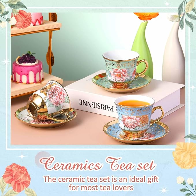 Teenyyou Set of 6 Tea Cups and Saucers Tea Party Decorations Floral Porcelain 5.4 oz British Gift for Women Birthday Party, Church, and Mother's Day (Classic Style)