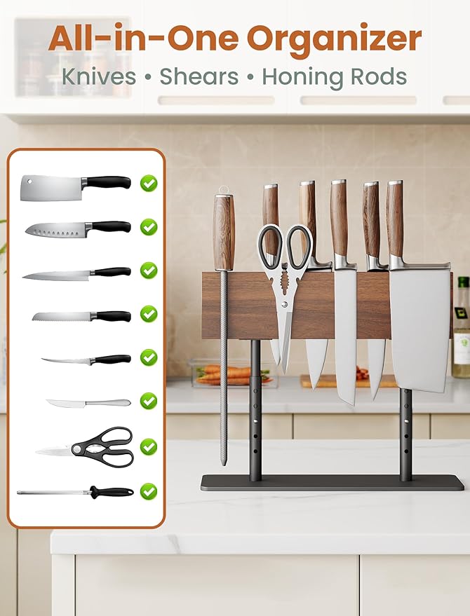 NiHome Acacia Wood Knife Block, Adjustable Height Magnetic Stand (8.66–11.81 in), Double-Sided Knife Storage, Thick Metal Base with Non-Slip Pads for Kitchen Counter
