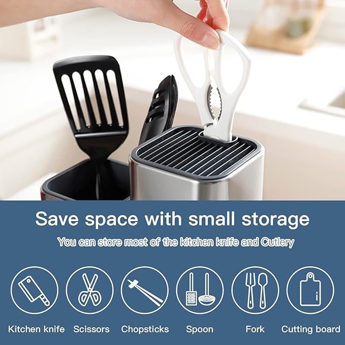 Universal Knife Block, Stainless Steel Universal Knife Holder Block Without Knives, Modern Kitchen Knife Storage Organizer for Countertop (with Cleaning Brush) (Stainless Steel/Silver)