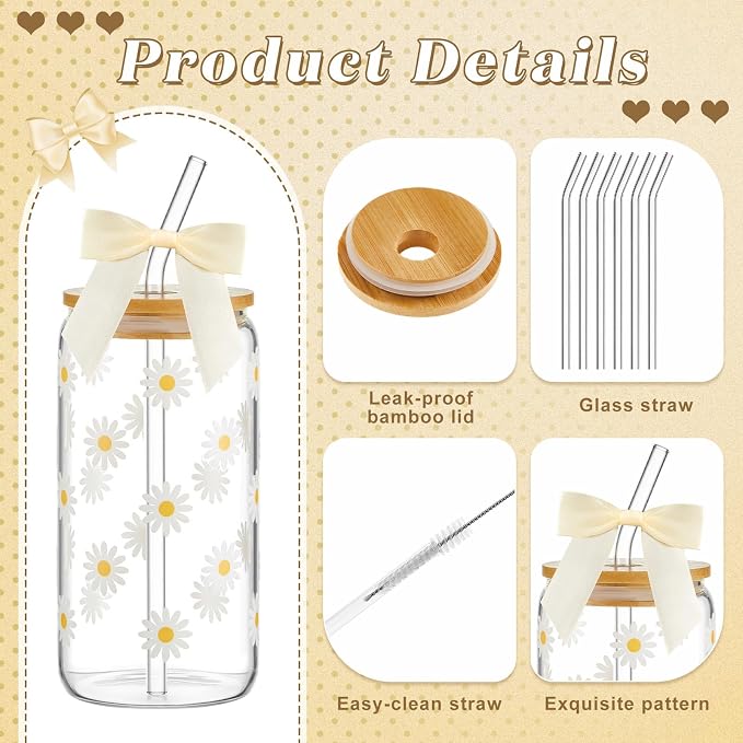 Suncalla 36 Pcs 6 Set Beige Birthday Gifts for Women, Sleepover Spa Party Girls Trip Bachelorette Party Favors for 6 People, Daisy Glass Cup Bracelets Hair Bands Hair Clip Tote Bags Bows