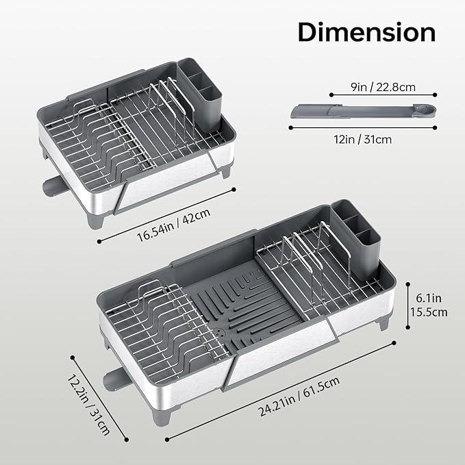 Urackify Large Dish Drying Rack - Triple Expandable Dish Rack for Kitchen Counter, Stainless Steel Sink Organization and Storage Essentials with Utensil & Pans Holder for Home and Appartment, Gray