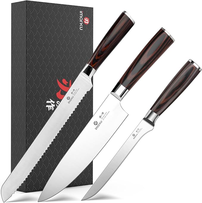imarku Knife Set, 3 Piece Japanese High Carbon Stainless Steel | Razor Sharp 8 inch Chef Knife, 10 inch Bread Knife and 6 inch Boning Knife for Meat, Bread, Vegetables and Kitchen Prep