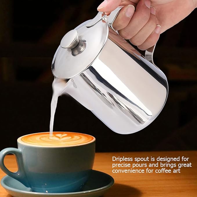 Frothing Pitcher, Steaming Pitchers, Stainless Steel Coffee Cup Mug Milk Frothing Jug with Lid for Latte Coffee Art(1000ML)