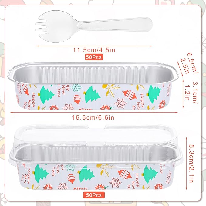 50Pack Christmas Mini Cake Pans Disposable Mini Loaf Pans with Lids and Spoons, 6.8Oz Aluminum Foil Pans Tins, Individual Dessert Cups Containers for Sales,Party,Picnics