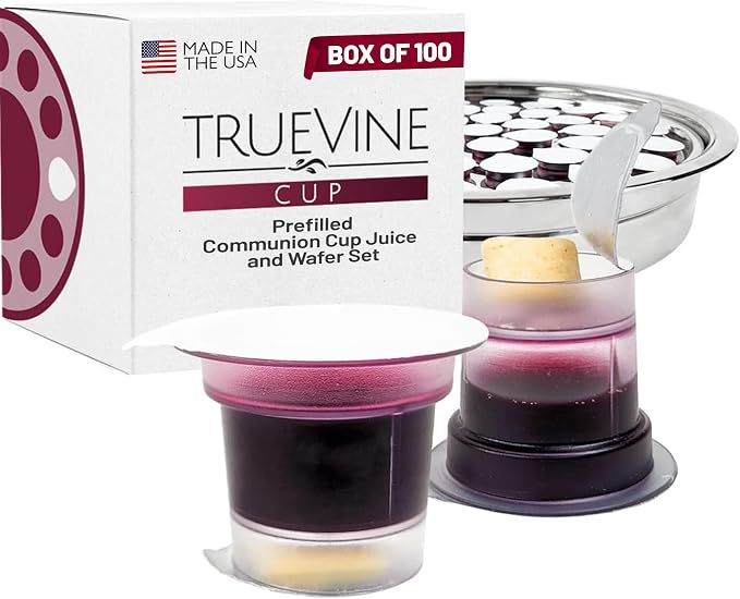 TrueVine Top & Bottom Communion Cups and Wafer Set - Prefilled Cups with Fresh Unleavened Bread & Grape Juice - Carefully Packaged & Easy to Open, Ideal First Communion Favors for Guests (100 Count)