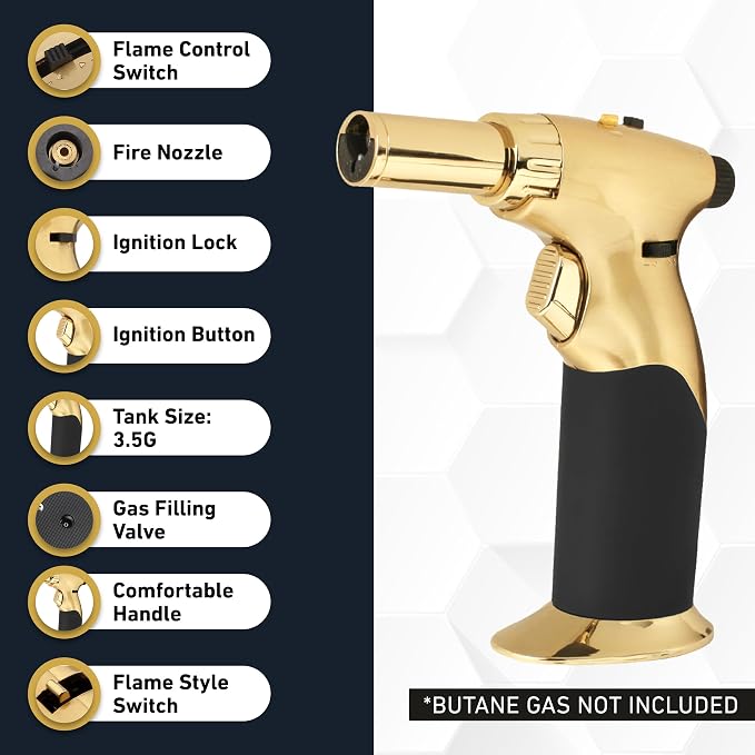 Dual Flame Butane Torch Gun - Refillable Luxury Hand Held Mini Blow Torch for Cooking, Creme Brulee, Soldering, Welding, & Resin Art - Adjustable Flame with Ignition Lock - Gold Black by inZaynity®