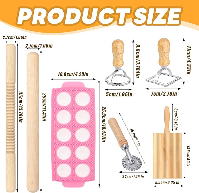 7PCS Pasta Maker Tool Set, Ravioli Mold Set, Ravioli Maker with Roller Wheel, Ravioli Cutter Set with Wooden Handle, Pasta Making Kit for Ravioli Press Mold Pasta Making Kit Accessories for Home (7)