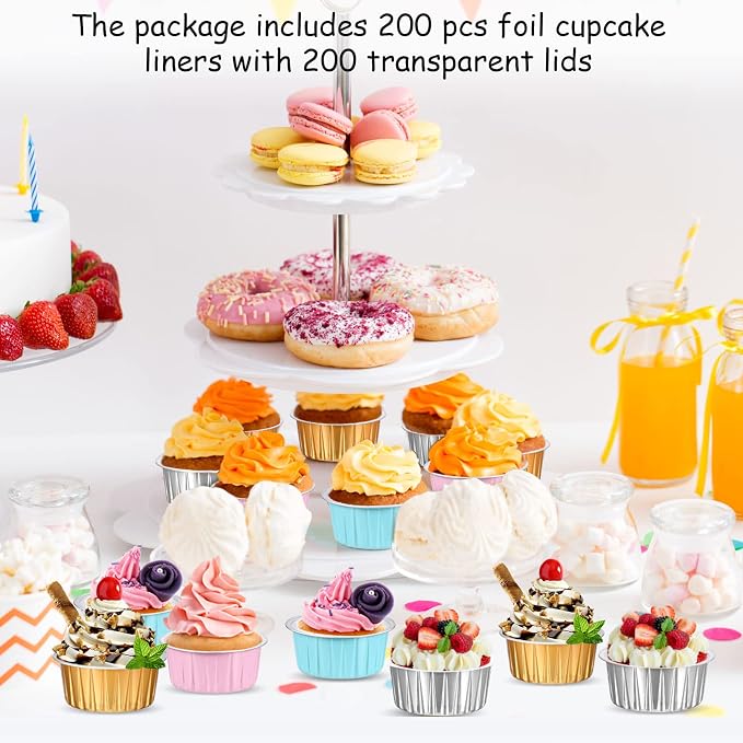 Thenshop 200 Pcs 5oz Mini Aluminum Baking Cups with Lid Disposable Loaf Cake Pans Birthday Wedding Party Foil Cupcake Tins Liner Crème BrûLée Ramekins Dessert Custard Pie Cheesecake Muffin Container