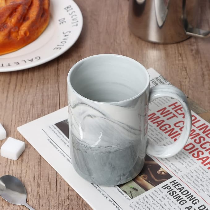 14 OZ Marble Coffee Mugs, M068 Novelty Marble Ceramic Cup for Home and Office, Microwave Dishwasher Safe, Set of 4, Gray