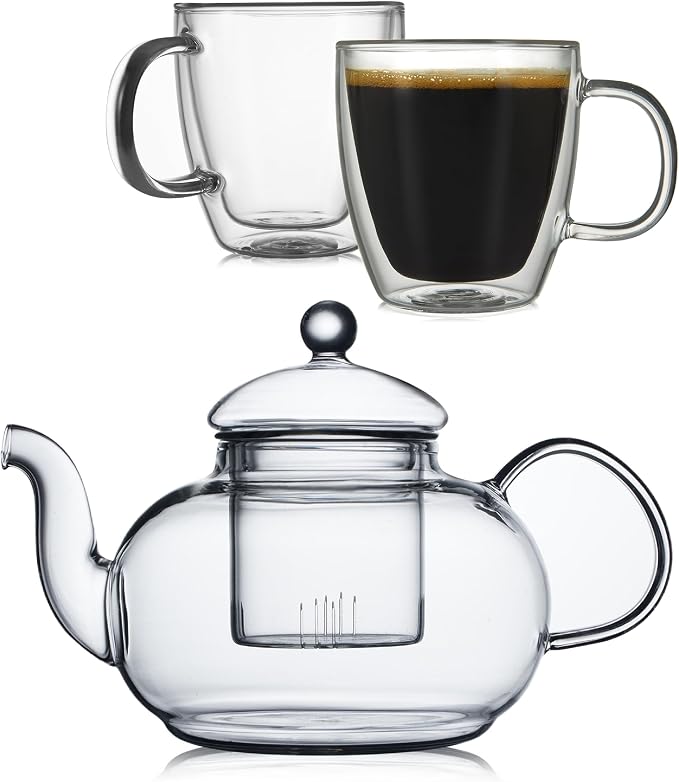CnGlass 20.3oz Glass Teapot Stovetop Safe and 12oz (2-pack) Double Wall Glass Mugs