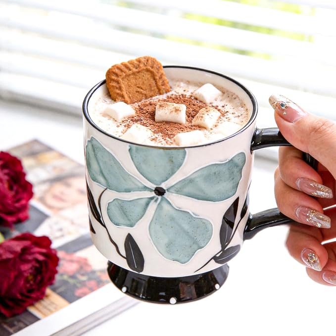KAMMAK Ceramic Mug - Hand-Painted Coffee and Tea Mug - 450ML Vintage Breakfast Cups - Cute Mugs for Women - Ideal for Birthday - Afternoon Tea & Housewarming Gifts, GX012