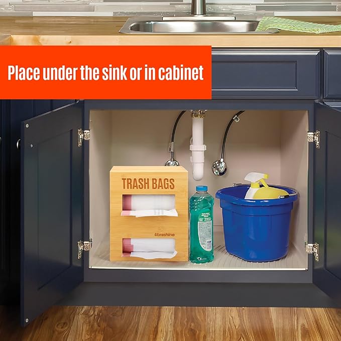 Libreshine 2-in-1 Extra Large Bamboo Trash Bag Dispenser Holder - Wall Mount Garbage Bag Organizer for Costco/Sam's Club Rolls, Space-Saving Kitchen/Pantry/Laundry/Garage Storage with Non-Slip Base
