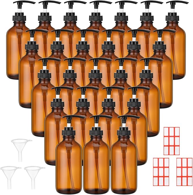 Tanlade 24 Pcs 8 oz Glass Pump Bottle Empty Bottle Glass Soap Dispenser with Pump Refillable Containers and Labels Funnels for Essential Oils Cleaning Products Lotions Conditioner(Amber)