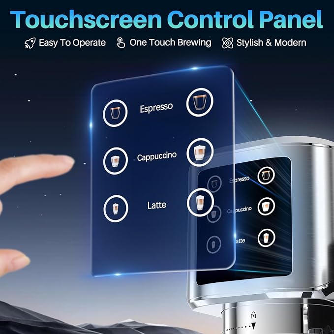 URintells Cuising Espresso Machine 4-in-1 Touchscreen Espresso Maker Hands-Free Milk Frother for Cappuccino Latte,Stainless Steel Coffee Machine with Dual Heating System and Clean Function