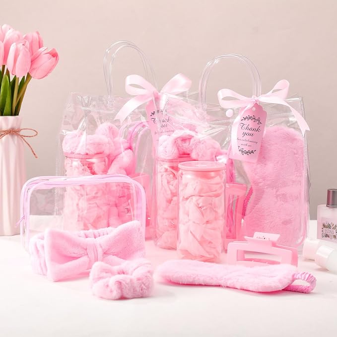 48 Pcs/6 Sets Baby Shower Prizes Winners Include Glass Cans Spa Headband Plush Sleep Eye Mask Hair Claw Clips Clear Cosmetic Bags Baby Shower Player Winner Gifts Bridal Game Gifts(Pink)