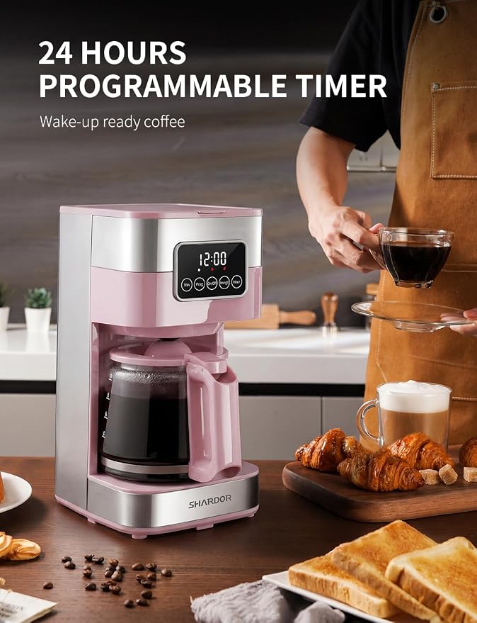 SHARDOR 10-Cup Programmable Coffee Maker, Regular & Strong Brew Drip Coffee Machine for Home and Office, Auto Shut Off, Permanent Filter (pink)