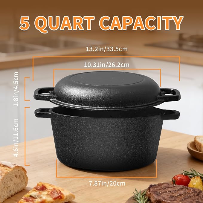 Pre-Seasoned Cast Iron Dutch Oven for Bread Baking - incl. Sourdough Bread-Baking Supplies like Proofing Basket, 2-in-1 Dutch Oven Pot with Skillet Lid and Dual Handles, Sour Dough Tools, Lame, 5QT