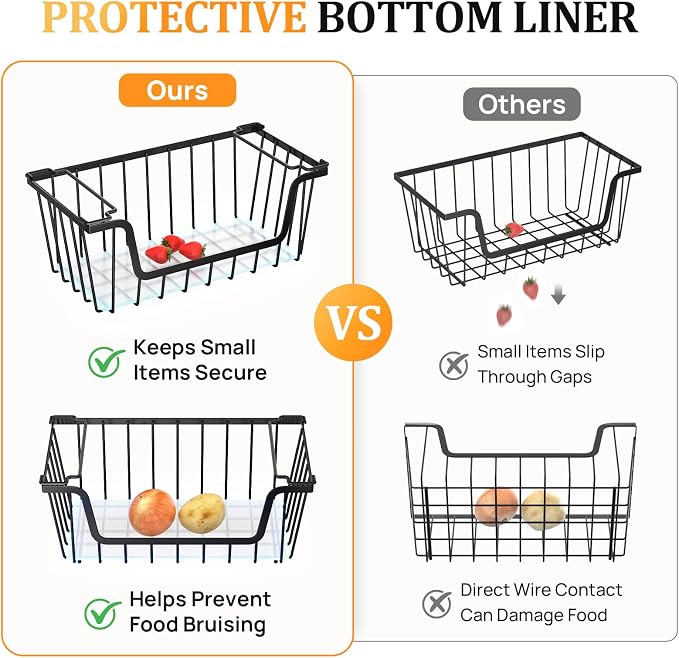 SUNALLY Stackable Storage Bins 4 Pcs Wire Baskets for Pantry Organizers and Storage, Vegetable Fruit Storage Basket for Countertop Organizer,Kitchen Baskets for Onion Potato Snack Cans Storage,Black