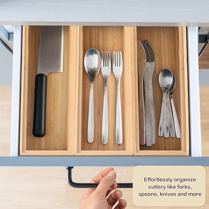 Kigley 8 Pieces Bamboo Drawer Organizer Kitchen Utensils Wooden Utensil Stackable Wooden Storage Box Bamboo Silverware Tray for Drawer(9 x 3 x 2 Inch,Wood)