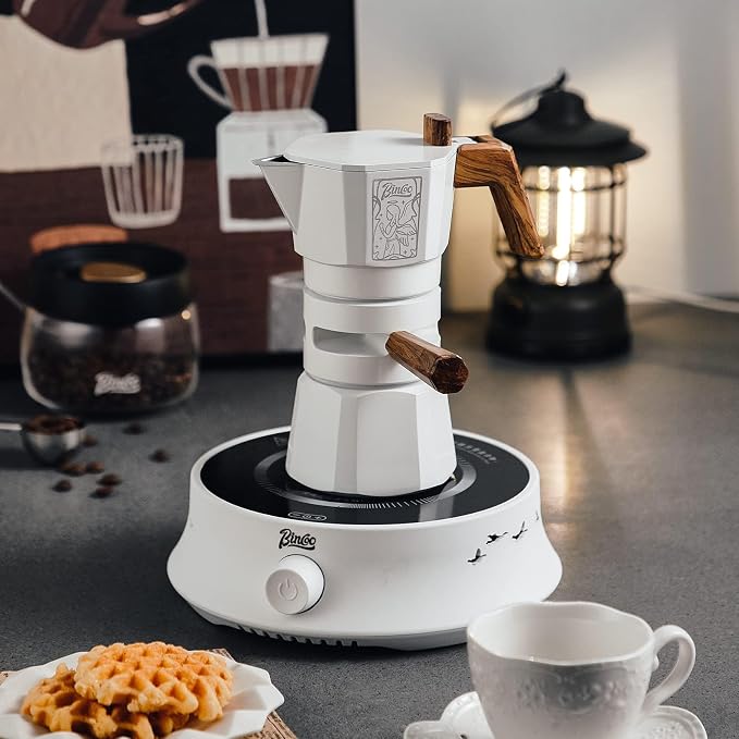 Bincoo 120ML/2 Cups Stovetop Espresso Maker Double Valve Moka Pot with Thermostat Extractor,Italian Espresso Moka Pot with Powder Dispenser and Filter Paper for Home(White)