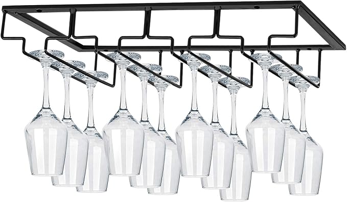 MOCOUM Wine Glasses Rack Under Cabinet Stemware Rack, Wine Glass Hanger Rack Wire Wine Glass Holder Storage Hanger for Cabinet Kitchen Bar (Black, 4 Rows 2 Pack)