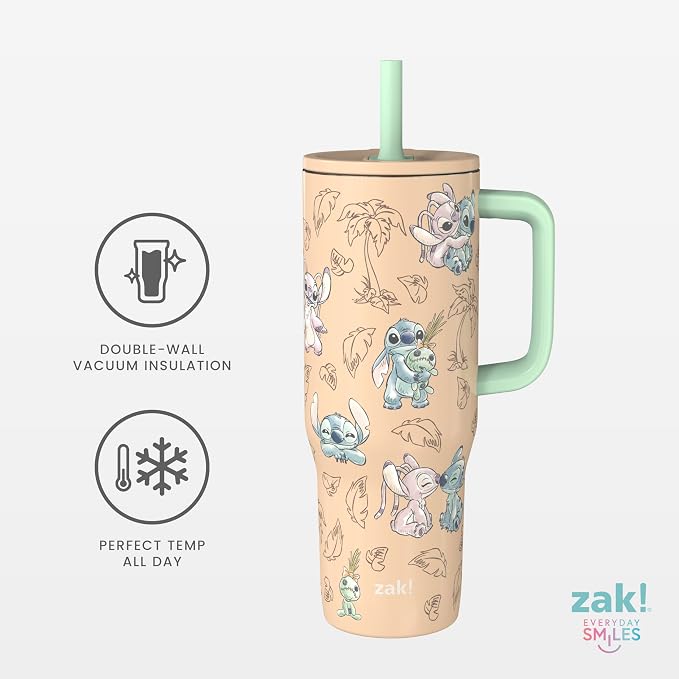 Zak Designs Disney Sutton Travel Tumbler for On the Go, 30oz Stainless Steel with Vacuum Insulation, Silicone Straw, and Carry Handle for Cold Drinks (Stitch, Angel)