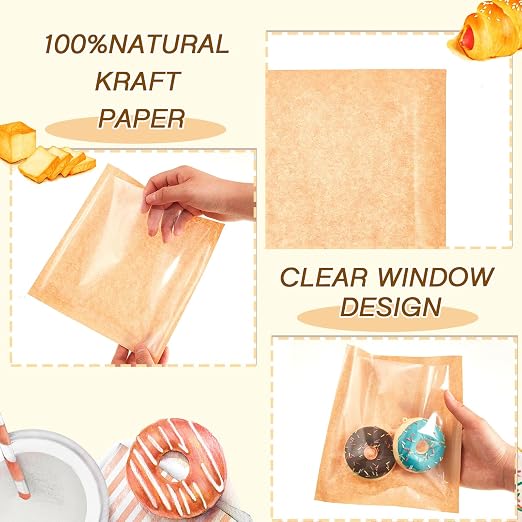 Outus 700 Pcs Cookie Packaging Bags with Seal, 7.1 x 7.5 Inch Bakery Pastry Bags with Window, Heat Sealable Grease Resistant Paper to Go Bake Sleeves for Gift Giving Donut Bread Sandwich (Brown)