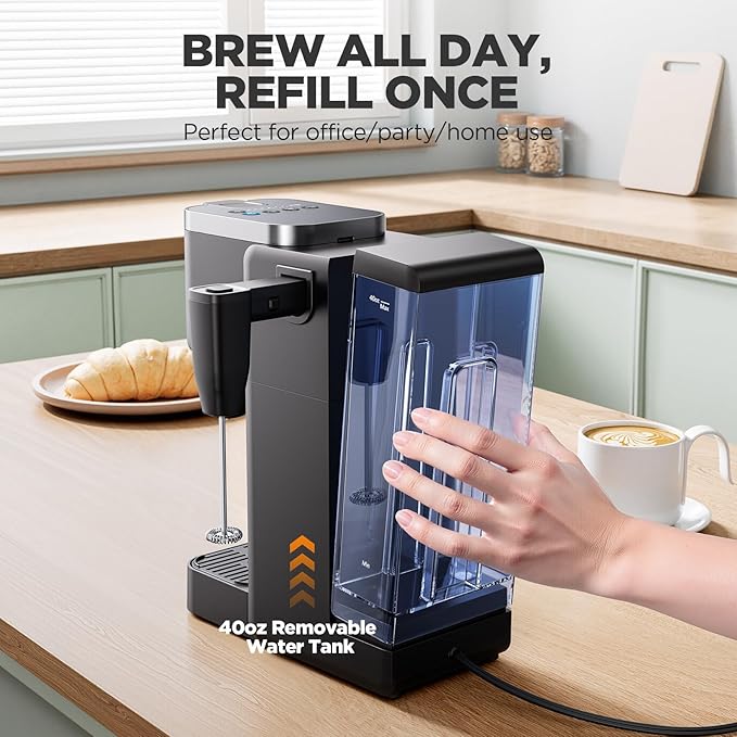 Tastyle Single Serve Coffee Maker with Built-in Detachable Milk Frother & Magnetic K-Pod Organizer, 6 Cup Sizes, Fits 7.3" Travel Mug, Black