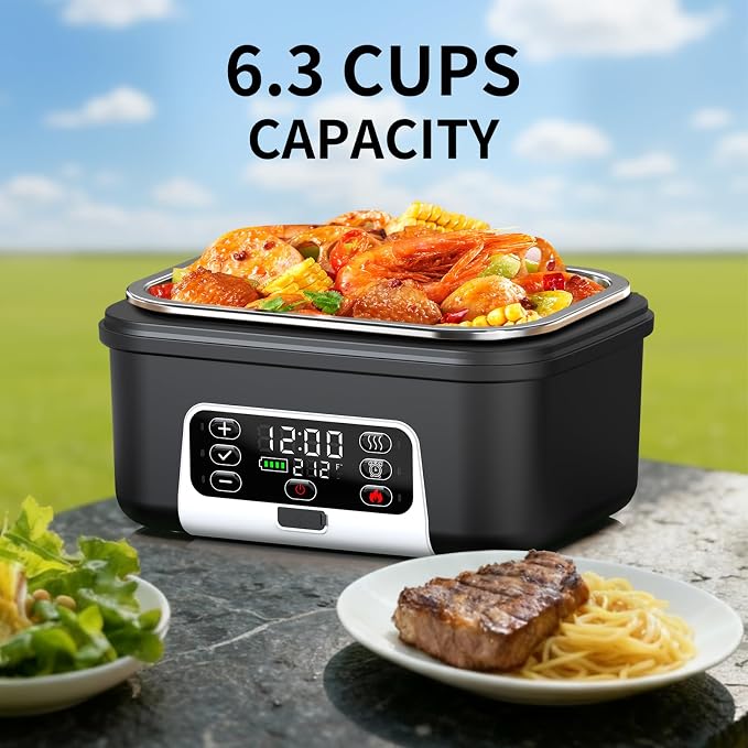 Cordless Electric Heated Lunch Box, 1.5L - 6.3 Cups 100W Rechargeable Smart Self-Heating Food Warmer with Removable Divider, Spoon, Fork, BPA Free, Portable Lunchbox for Car Travel Office White