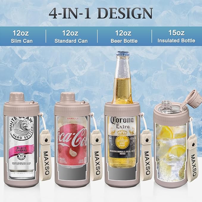 MAXSO Sealed Can Cooler Fizz Lid Can Cover for 12 oz Regular, Slim Skinny Cans & As Thermal Bottle, 4-in-1 Insulated Vacuum Stainless Steel Carbonated Cold Drink Holder - Oat