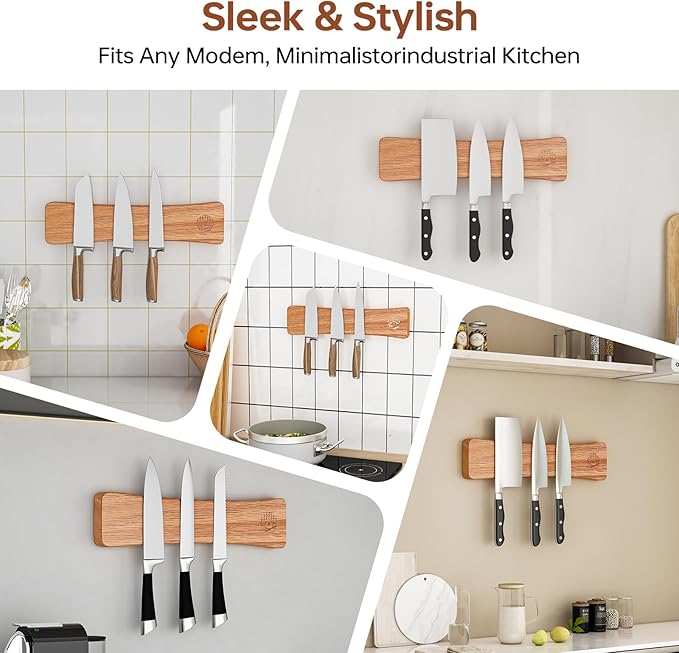 Knife Magnetic Strip, 10 Inch Solid Oak Magnetic Knife Holder for Wall with N52 Super Strong Magnets, Premium Magnetic Knife Strip Organizer for Kitchen Knives & Tools-Renter Friendly
