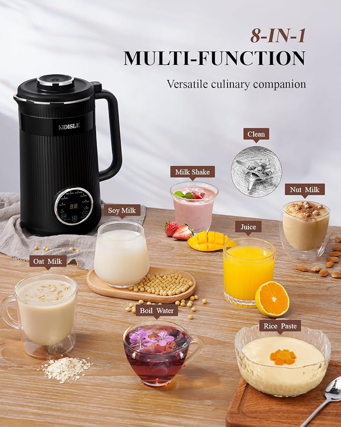 KIDISLE 32oz Nut Milk Maker Machine for Homemade Almond, Oat, Coconut, and Soy Milk, 8-in-1 Automatic Plant-Based Beverage Maker with 12H Delay Start, Keep Warm, Self-Cleaning & Boil Water Function, Black