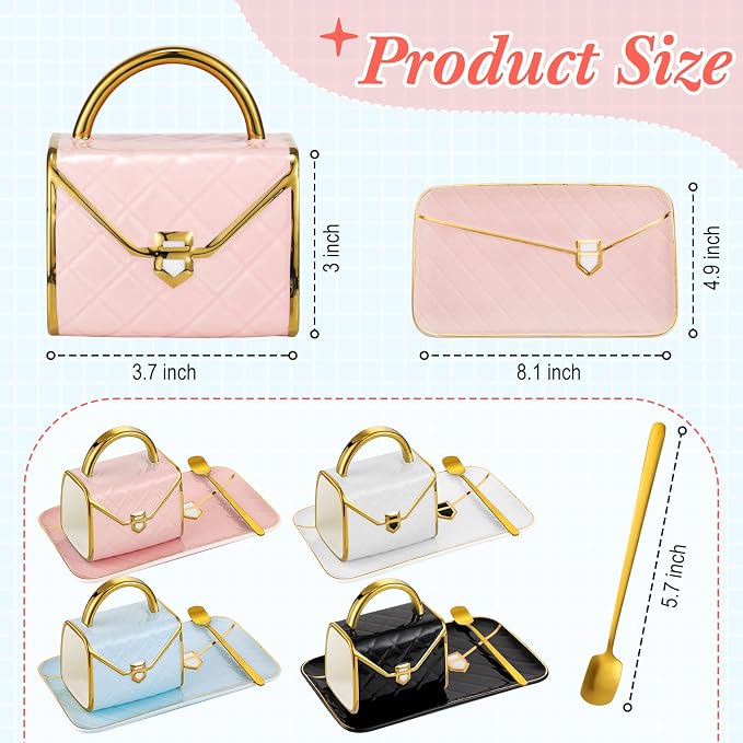 Sliner Set of 4 Handbag Coffee Mug Purse Tea Cup Set, Ceramic 10 Oz/ 310 ml, Handbag Shaped Mug with Saucer Spoon for Women Office Home Holiday Christmas Thanksgiving Christmas Gifs(Classic)