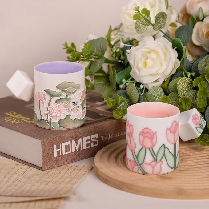 KAMMAK Ceramic Teacups - 155ml/5.2oz Coffee Cup - Set of 2 Hand-Painted Ceramic Cups - Small Vintage Mate Cup - Cute Mugs for Women - Ideal for Birthday, Afternoon Tea & Housewarming Gifts