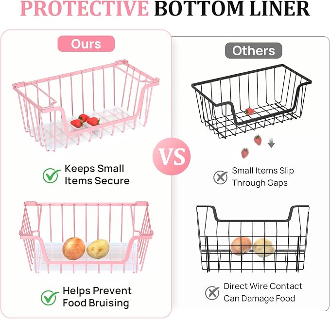 SUNALLY Stackable Storage Bins 4 Pcs Wire Baskets for Pantry Organizers and Storage, Vegetable Fruit Storage Basket for Countertop Organizer,Kitchen Baskets for Onion Potato Snack Cans Storage,Pink