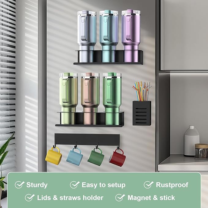 POLRAI 4 Pack Magnetic Cup Holder for Refrigerator, Water Bottle Organizer for Stanley and Tumbler, Accessory with Lid Hook Straw Holder and Double Sided Tape for Kitchen Fridge Cabinet